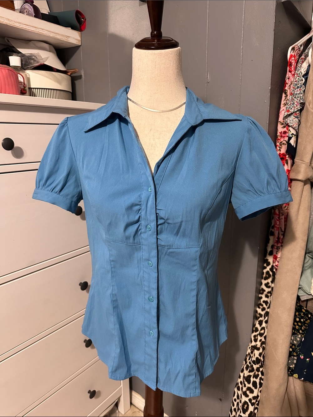 Fred David Sky Blue Short Sleeve Button Down Blouse